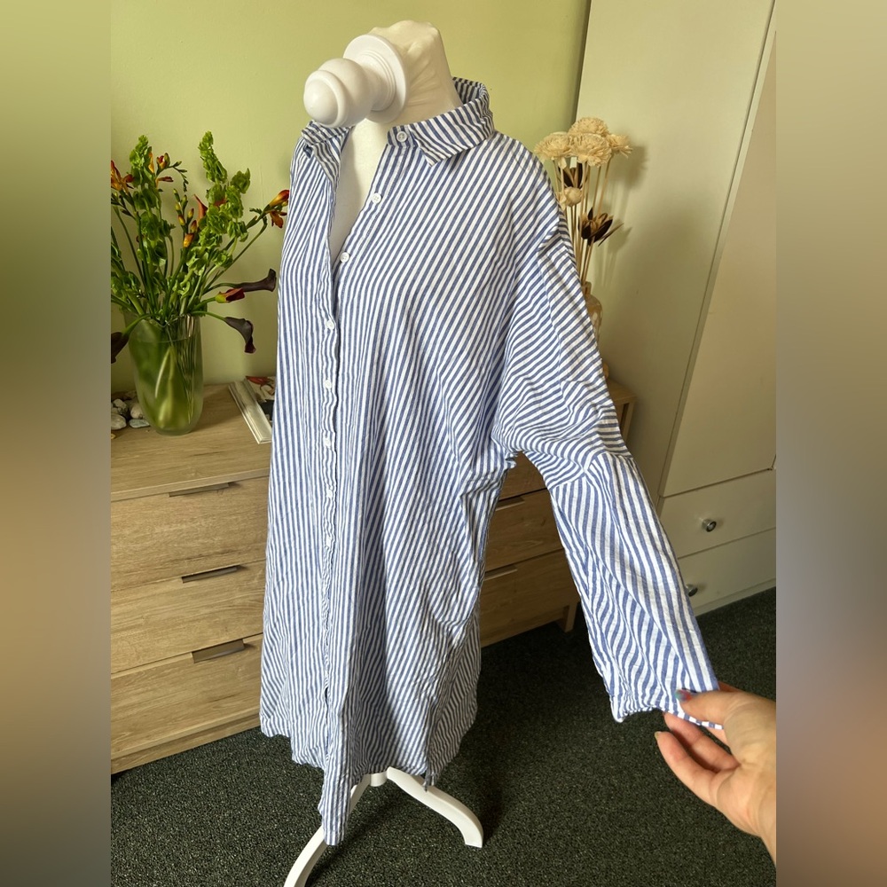 Blue & White Stripe Button Down Drop Shoulder Gauzy Airy Flowy Beach Midi Dress - Picture 5 of 15
